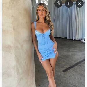 Fitted Baby Blue Mini Dress with Lace Bodice